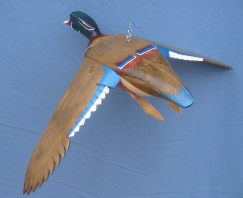 Wood Carving - Bird In Flight Wood Duck Drake Wings Down Decoy