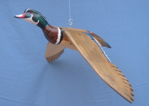 Wood Carving - Bird In Flight Wood Duck Drake Wings Down Decoy