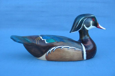 Wood Carving - Handcarved Wood Duck Drake With Fanned Tail Decoy