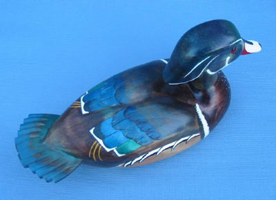 Wood Carving - Handcarved Wood Duck Drake With Fanned Tail Decoy